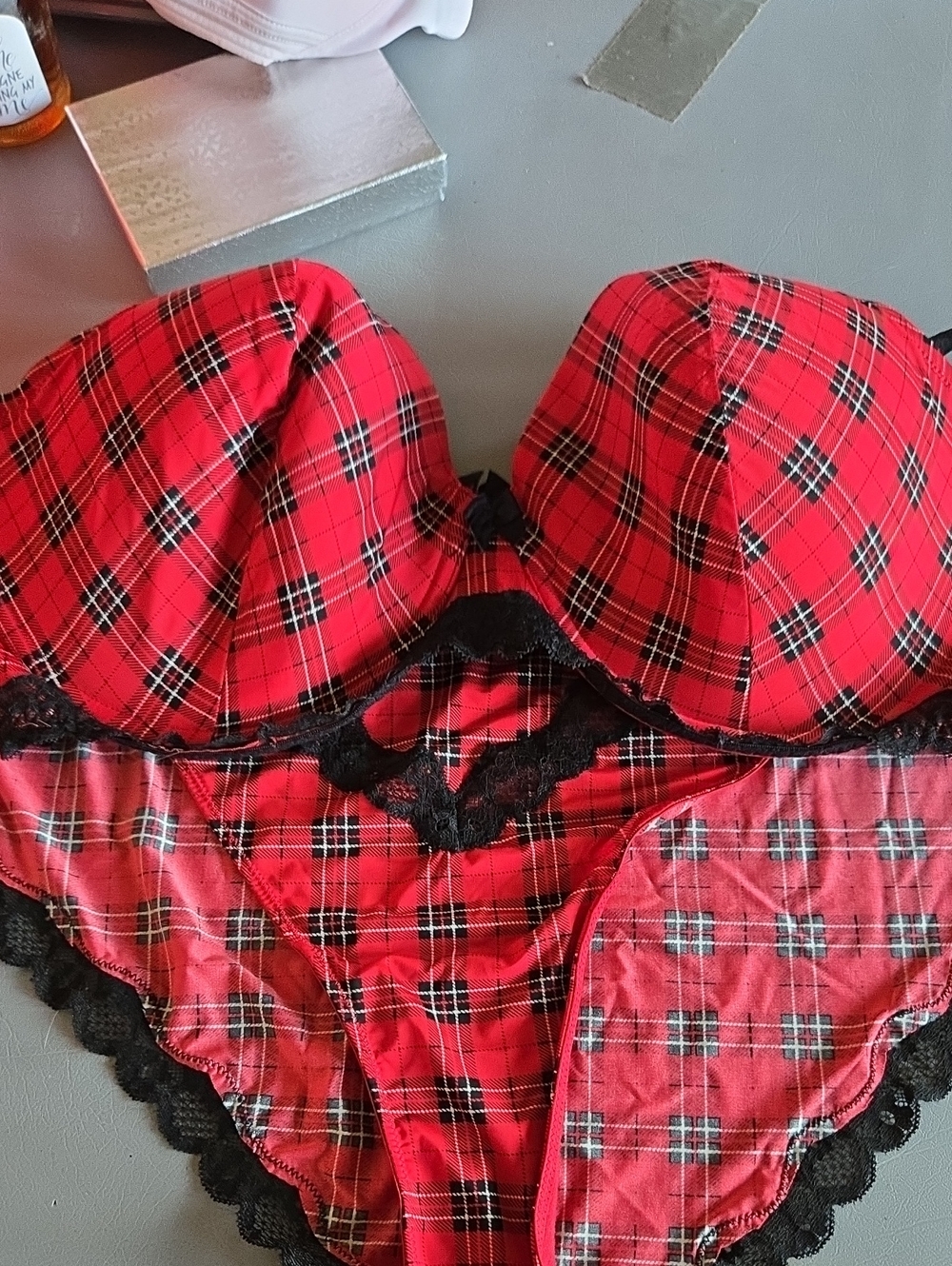Adore Me Red Plaid Lace Trim Bra & 2 Panty Set